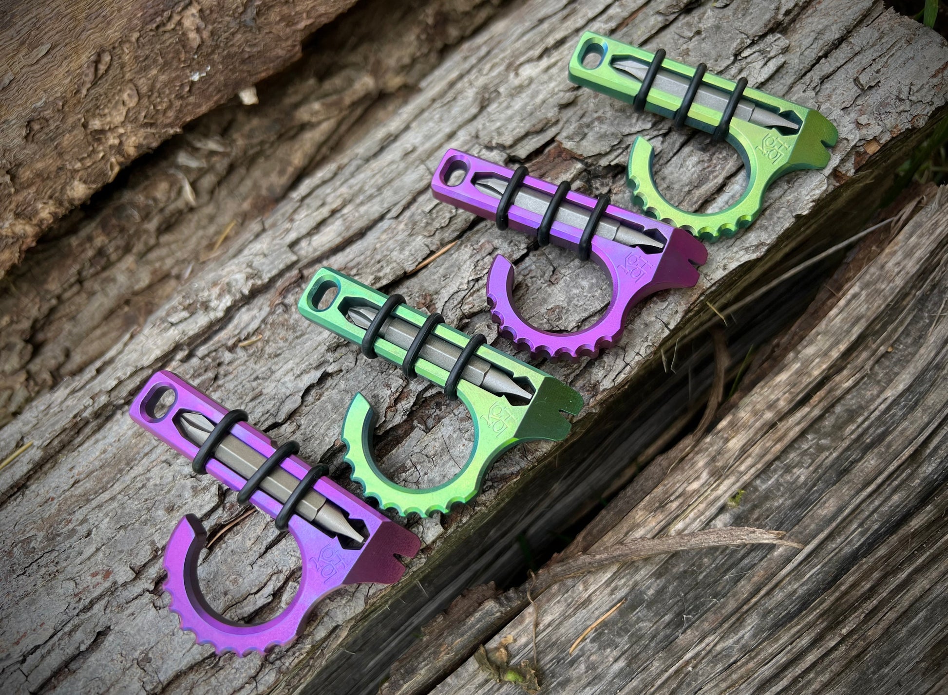 Koch Tools Co. Duo-X EDC Pocket tool Screwdriver bottle opener prybar - Green and Purple Titanium